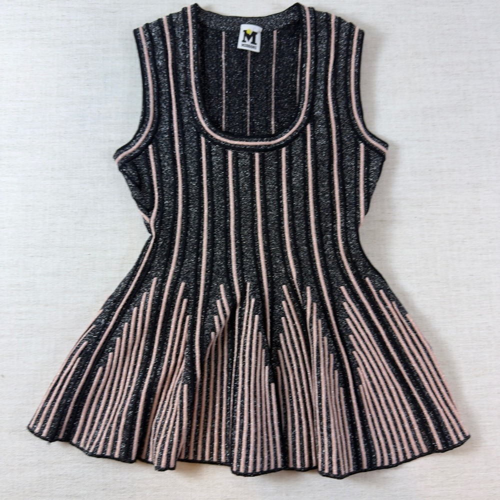 M Missoni Top Womens Size 40 Black Pink Metallic Stripe Knit Peplum Sleeveless